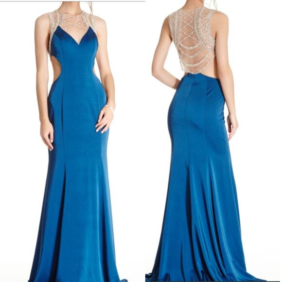 ASPEED SZ S teal silver backless hand beaded cutout mermaid maxi gown NWT B164 - Picture 1 of 12